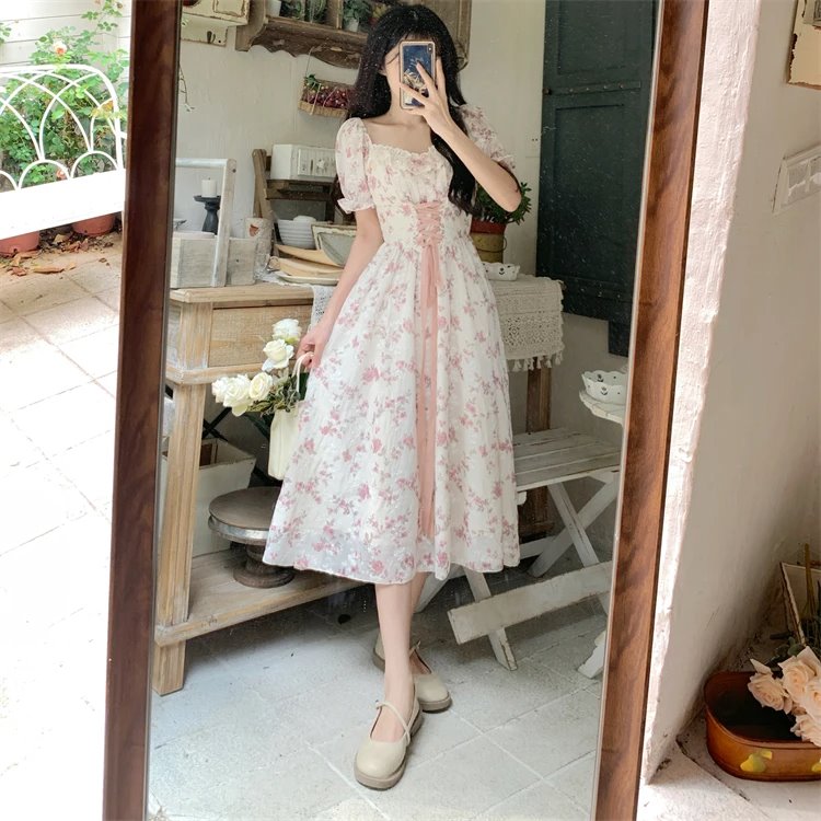 cute milkmaid dresses White Pink Cottage Lace Dress – Kawaiies plain_black_abaya pool parties Garden Party Side Slit Size:IT46