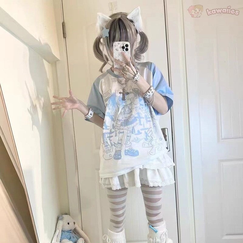 kawaiies-softtoys-plushies-kawaii-plush-Y2K Harajuku Anime Punk Girl Black Blue Women's Top Tee Apparel 