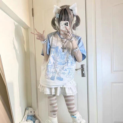 kawaiies-softtoys-plushies-kawaii-plush-Y2K Harajuku Anime Punk Girl Black Blue Women's Top Tee Apparel 