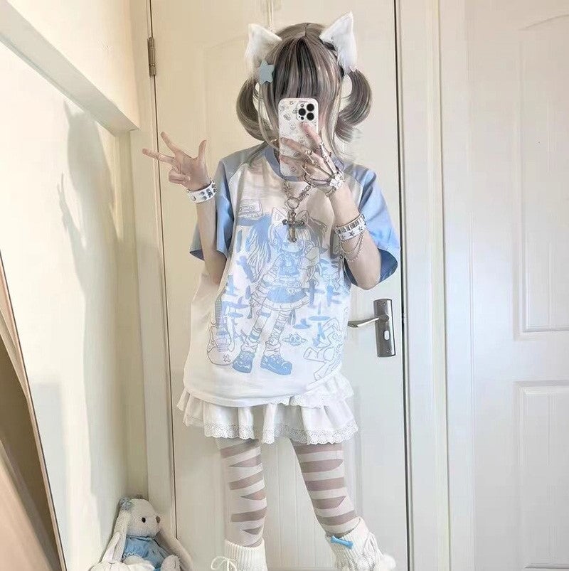 kawaiies-softtoys-plushies-kawaii-plush-Y2K Harajuku Anime Punk Girl Black Blue Women's Top Tee Apparel 