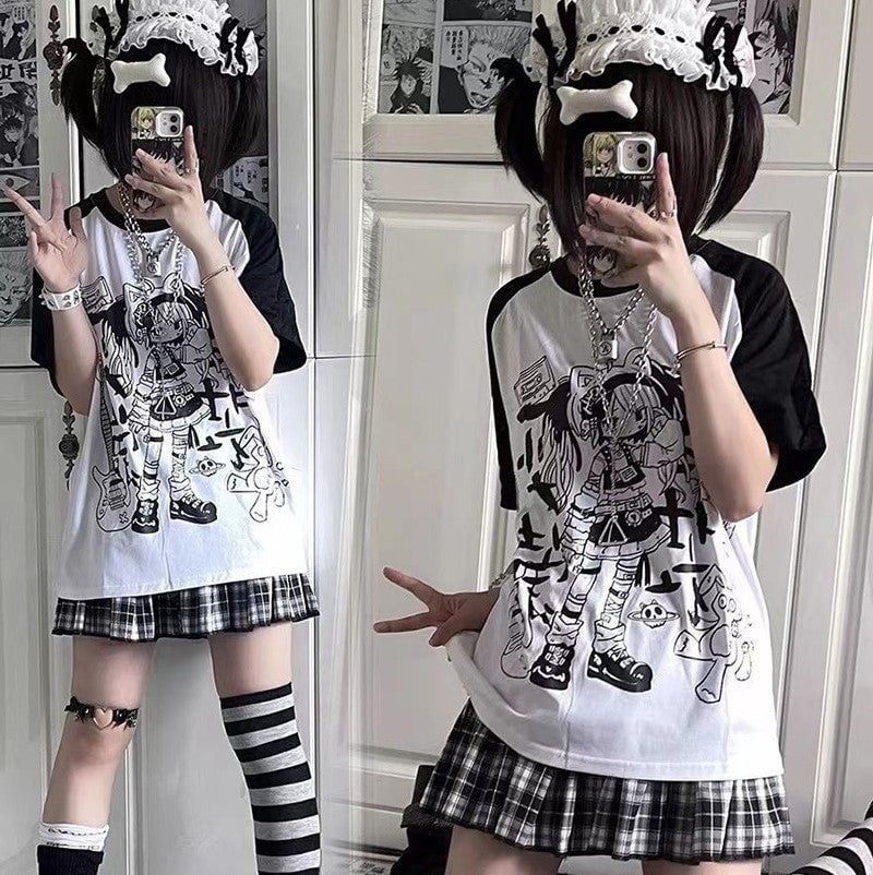 kawaiies-softtoys-plushies-kawaii-plush-Y2K Harajuku Anime Punk Girl Black Blue Women's Top Tee Apparel 