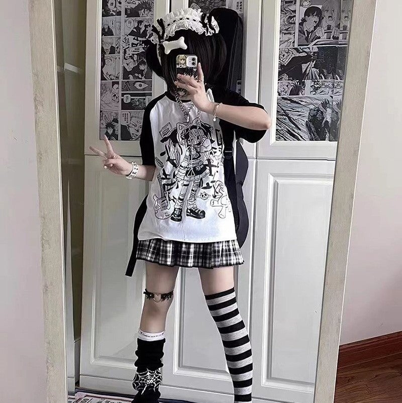 kawaiies-softtoys-plushies-kawaii-plush-Y2K Harajuku Anime Punk Girl Black Blue Women's Top Tee Apparel 