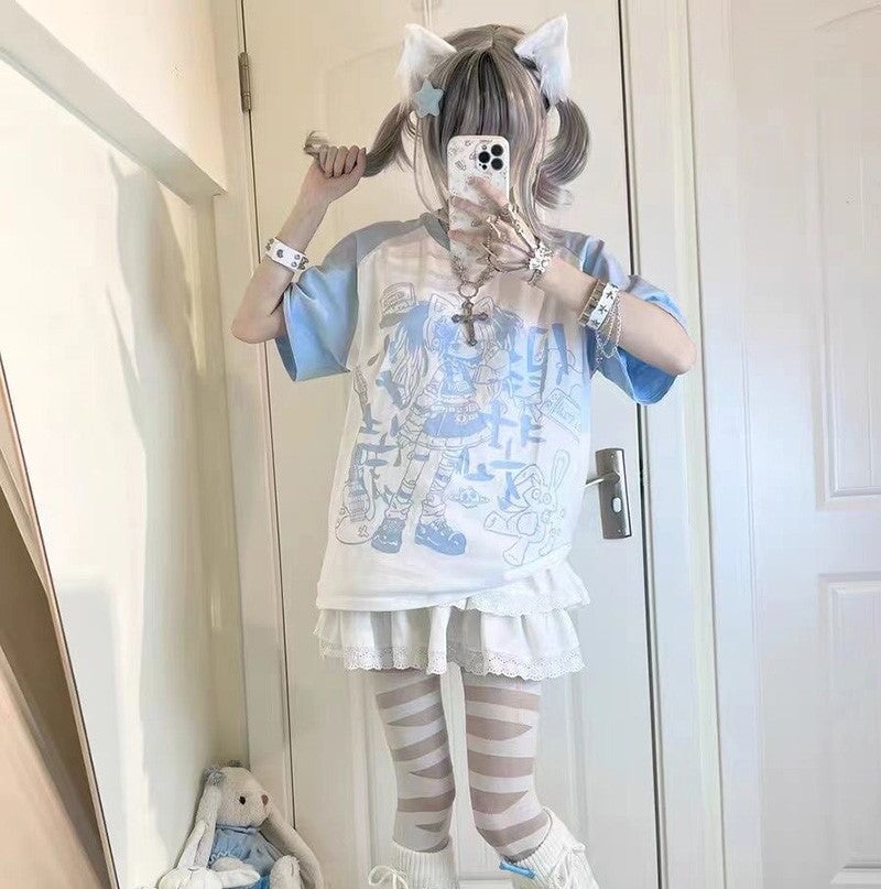 kawaiies-softtoys-plushies-kawaii-plush-Y2K Harajuku Anime Punk Girl Black Blue Women's Top Tee Apparel 
