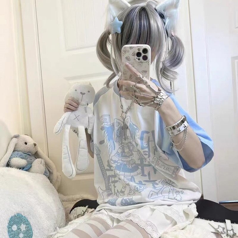 kawaiies-softtoys-plushies-kawaii-plush-Y2K Harajuku Anime Punk Girl Black Blue Women's Top Tee Apparel 