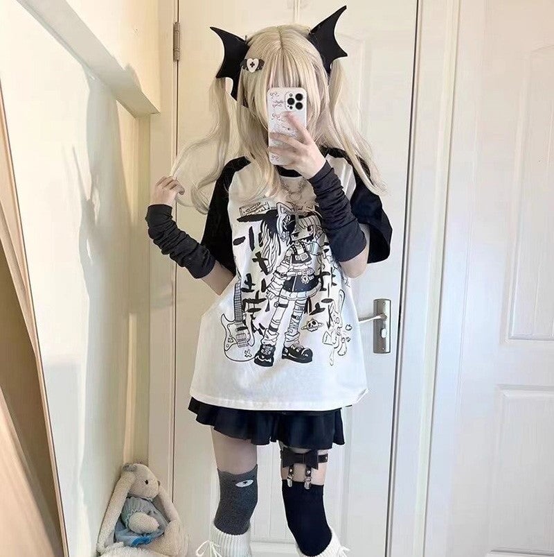 kawaiies-softtoys-plushies-kawaii-plush-Y2K Harajuku Anime Punk Girl Black Blue Women's Top Tee Apparel Black S 