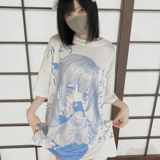 kawaiies-softtoys-plushies-kawaii-plush-Y2k Japanese Anime Blue Girl Print Oversized Tee Apparel 