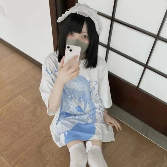 kawaiies-softtoys-plushies-kawaii-plush-Y2k Japanese Anime Blue Girl Print Oversized Tee Apparel 