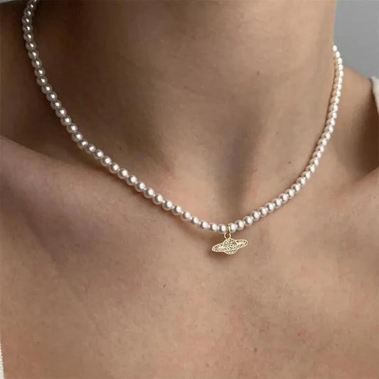 kawaiies-softtoys-plushies-kawaii-plush-Y2K Pearl Choker Women's Saturn Pendant Necklace Jewelry Gold 