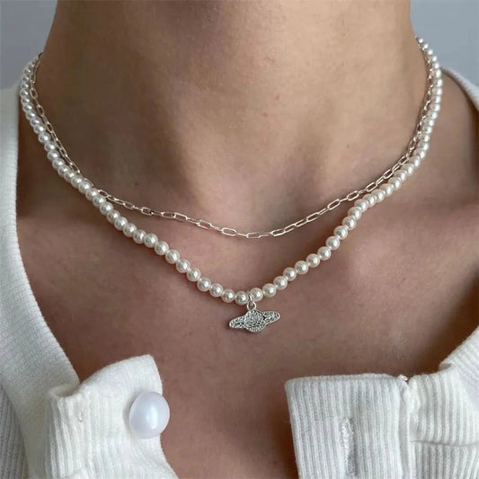 kawaiies-softtoys-plushies-kawaii-plush-Y2K Pearl Choker Women's Saturn Pendant Necklace Jewelry Silver 