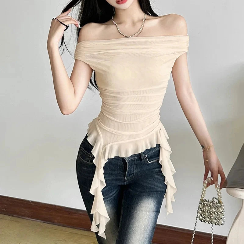 kawaiies-softtoys-plushies-kawaii-plush-Yellow Biege Floral Off-Shoulder Ruffle Long Tassels Top Apparel 