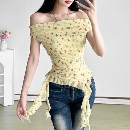 kawaiies-softtoys-plushies-kawaii-plush-Yellow Biege Floral Off-Shoulder Ruffle Long Tassels Top Apparel 