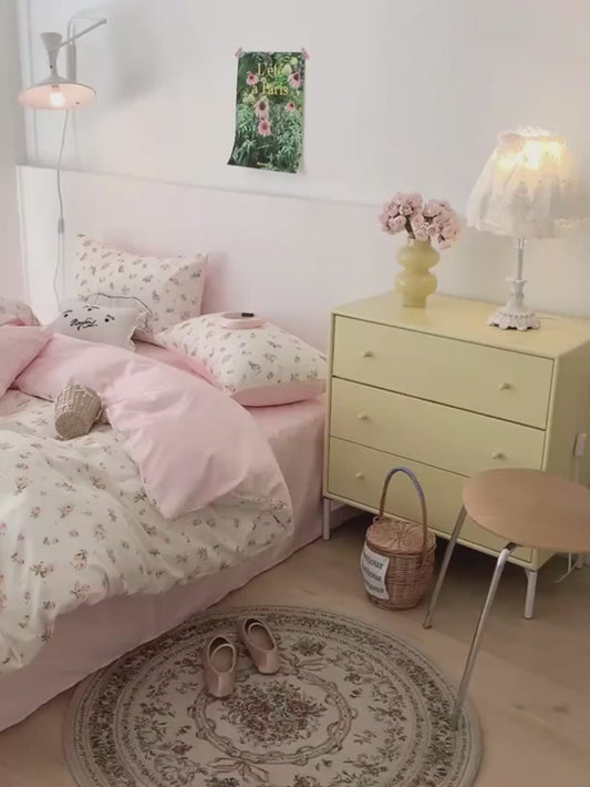 Pastel Pink Floral Polyester Bedding Set with Bed Sheet