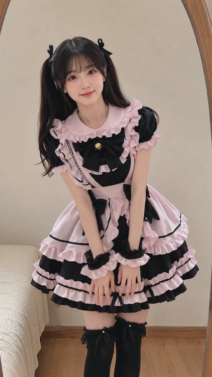 Gothic Black Pink Sweet Lolita Women's Maid Dress Bowknots