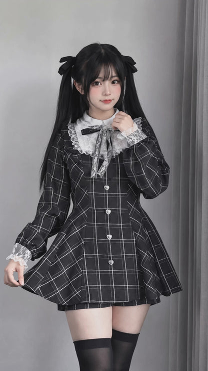 Harajuku Black Plaid Hearts Laced Lolita Women's Dress