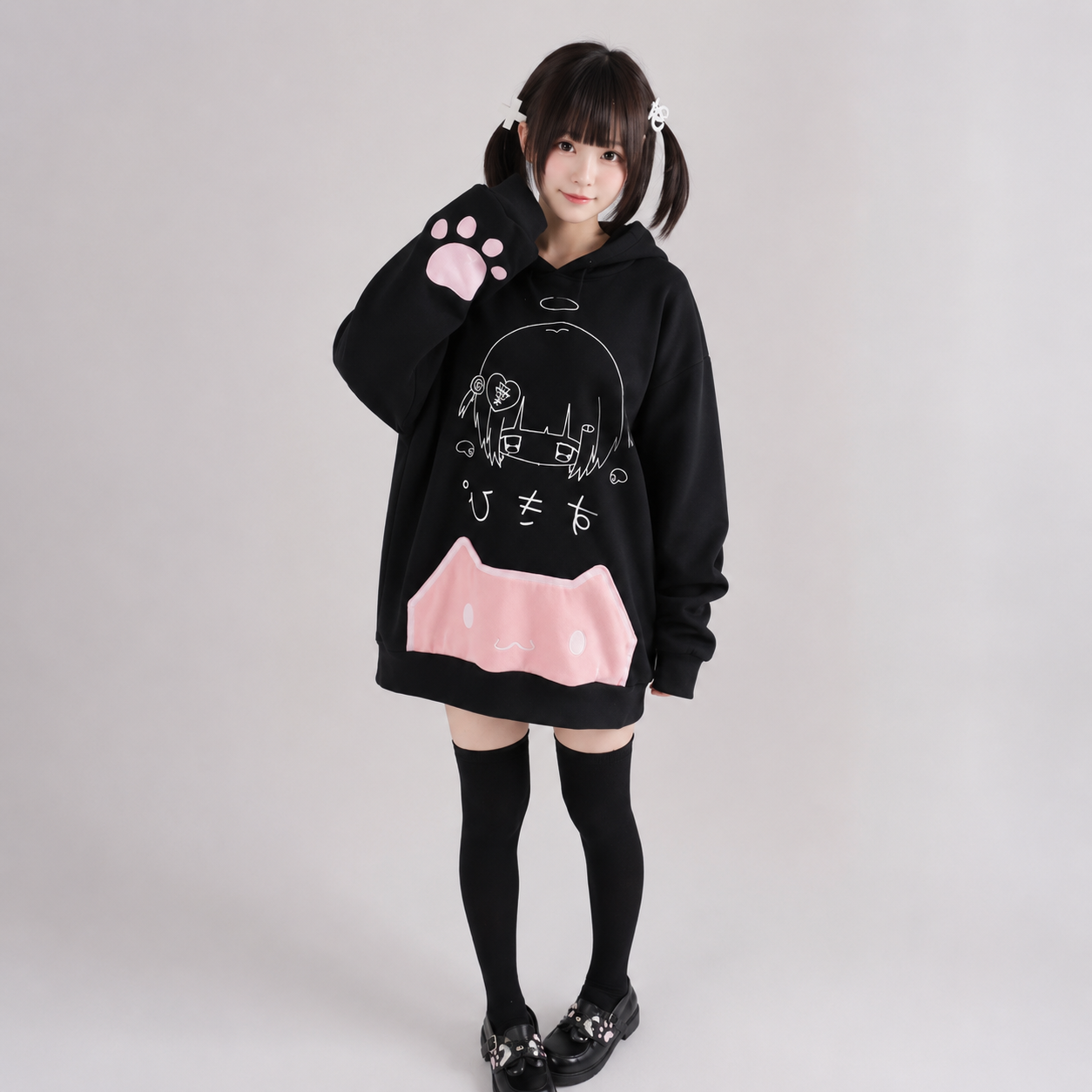 Japanese Harajuku Gothic Cat Black Pink Hoodie
