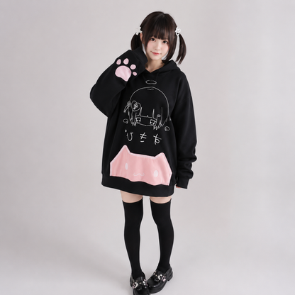 Japanese Harajuku Gothic Cat Black Pink Hoodie