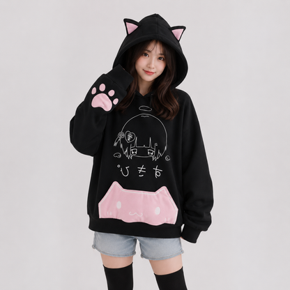 Japanese Harajuku Gothic Cat Black Pink Hoodie