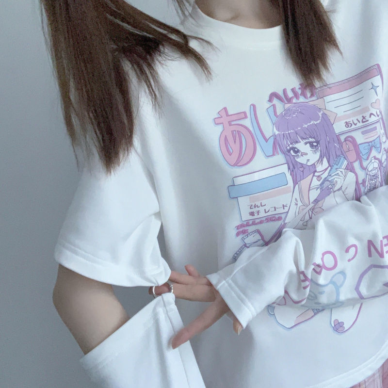 Anime Purple White Black E-girl Shooter Graphic Harajuku T Shirt & Arm Warmers - Kawaiies - Adorable - Cute - Plushies - Plush - Kawaii