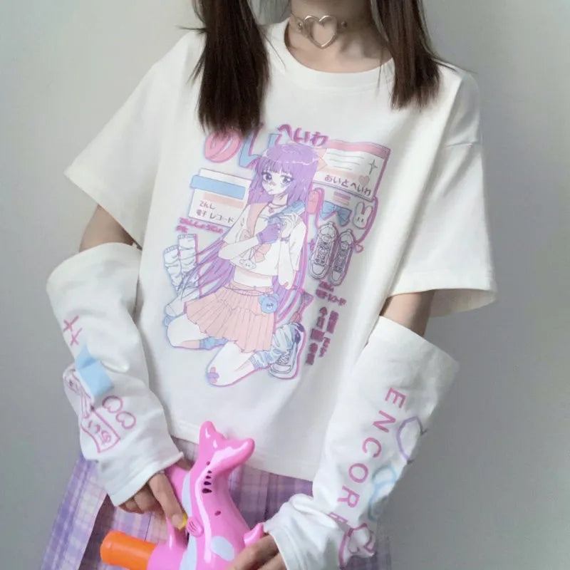 Anime Purple White Black E-girl Shooter Graphic Harajuku T Shirt & Arm Warmers - Kawaiies - Adorable - Cute - Plushies - Plush - Kawaii