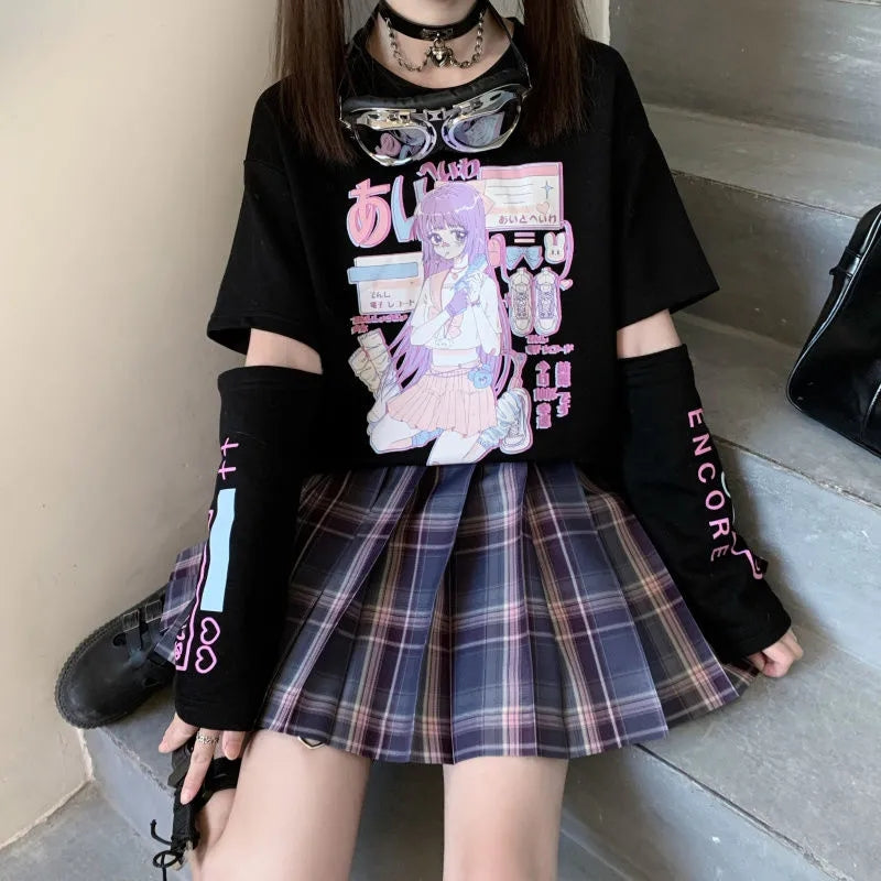 Anime Purple White Black E-girl Shooter Graphic Harajuku T Shirt & Arm Warmers - Kawaiies - Adorable - Cute - Plushies - Plush - Kawaii