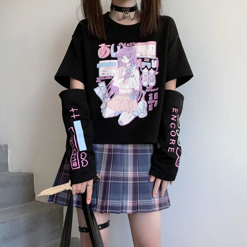 Anime Purple White Black E-girl Shooter Graphic Harajuku T Shirt & Arm Warmers - Kawaiies - Adorable - Cute - Plushies - Plush - Kawaii