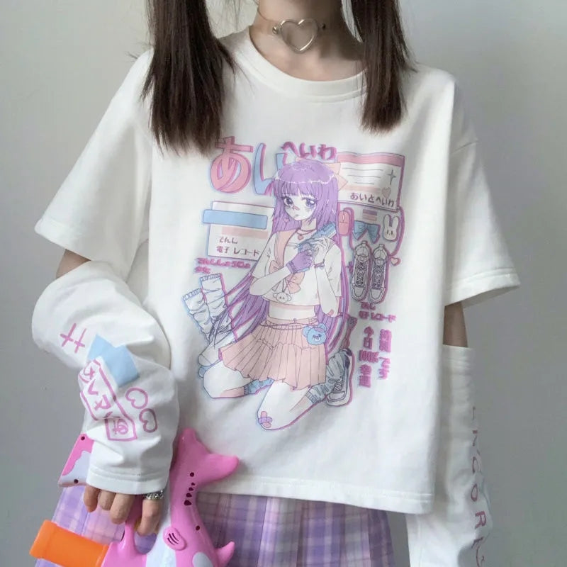 Anime Purple White Black E-girl Shooter Graphic Harajuku T Shirt & Arm Warmers - Kawaiies - Adorable - Cute - Plushies - Plush - Kawaii