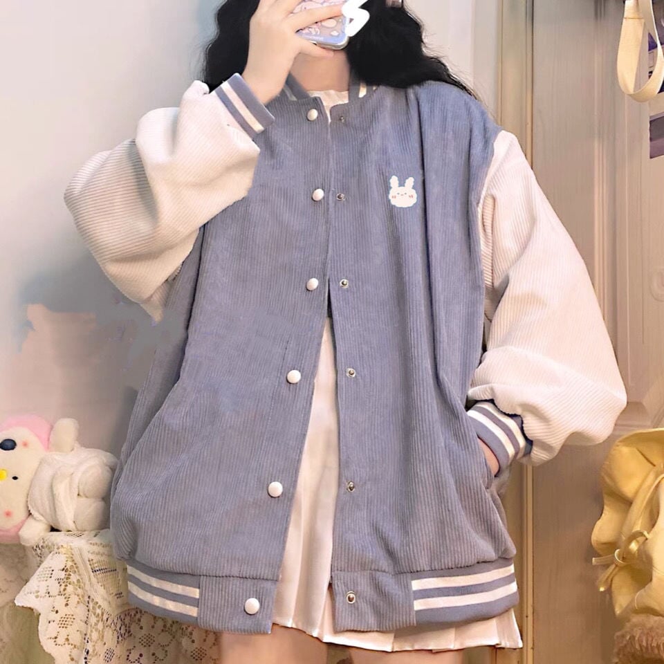 Baby Blue Bear Striped Women's Varsity Jacket - Kawaiies - Adorable - Cute - Plushies - Plush - Kawaii