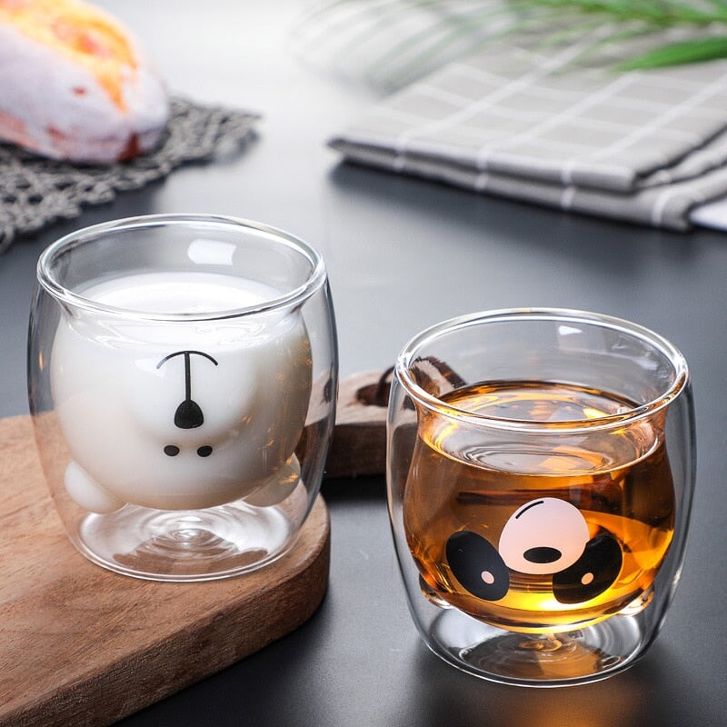 Cute Mugs Double Wall Glass Coffee Glass Cup Kawaii Bear Tea Milk