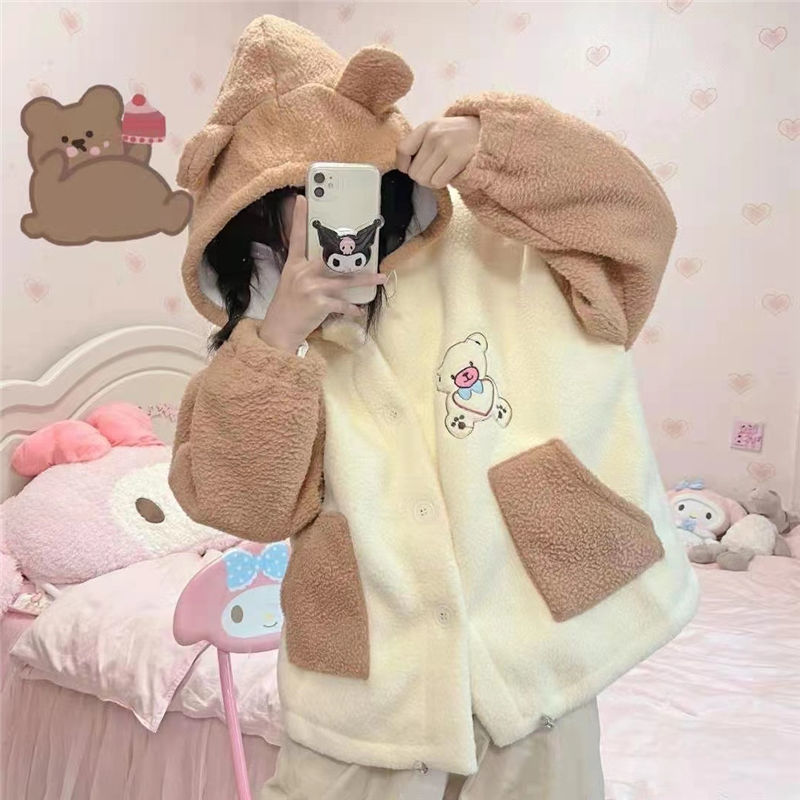 Bear Fluffy Two-Tone Hooded Jacket - Kawaiies - Adorable - Cute - Plushies - Plush - Kawaii