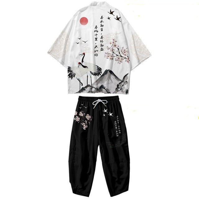 Black Japanese Crane Mens Two-Piece Kimono Yukata Top & Pants Sets - Kawaiies - Adorable - Cute - Plushies - Plush - Kawaii