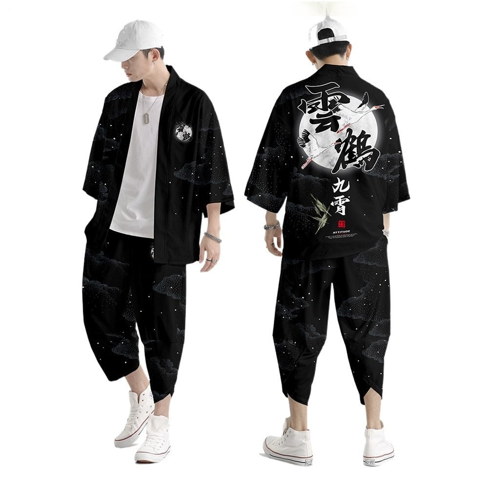 Black Japanese Crane Mens Two-Piece Kimono Yukata Top & Pants Sets - Kawaiies - Adorable - Cute - Plushies - Plush - Kawaii