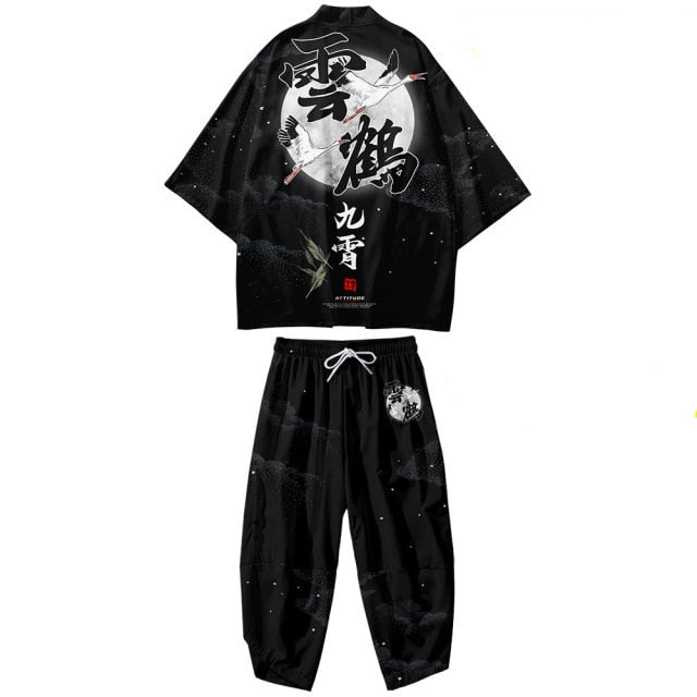 Black Japanese Crane Mens Two-Piece Kimono Yukata Top & Pants Sets - Kawaiies - Adorable - Cute - Plushies - Plush - Kawaii