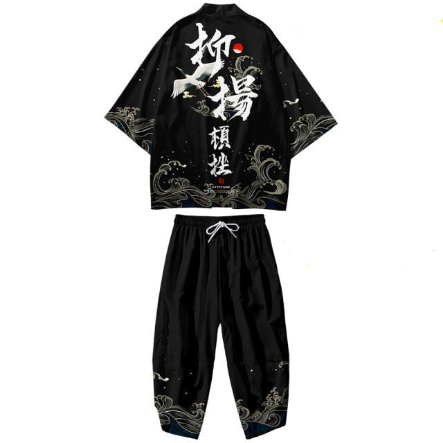 Black Japanese Crane Mens Two-Piece Kimono Yukata Top & Pants Sets - Kawaiies - Adorable - Cute - Plushies - Plush - Kawaii