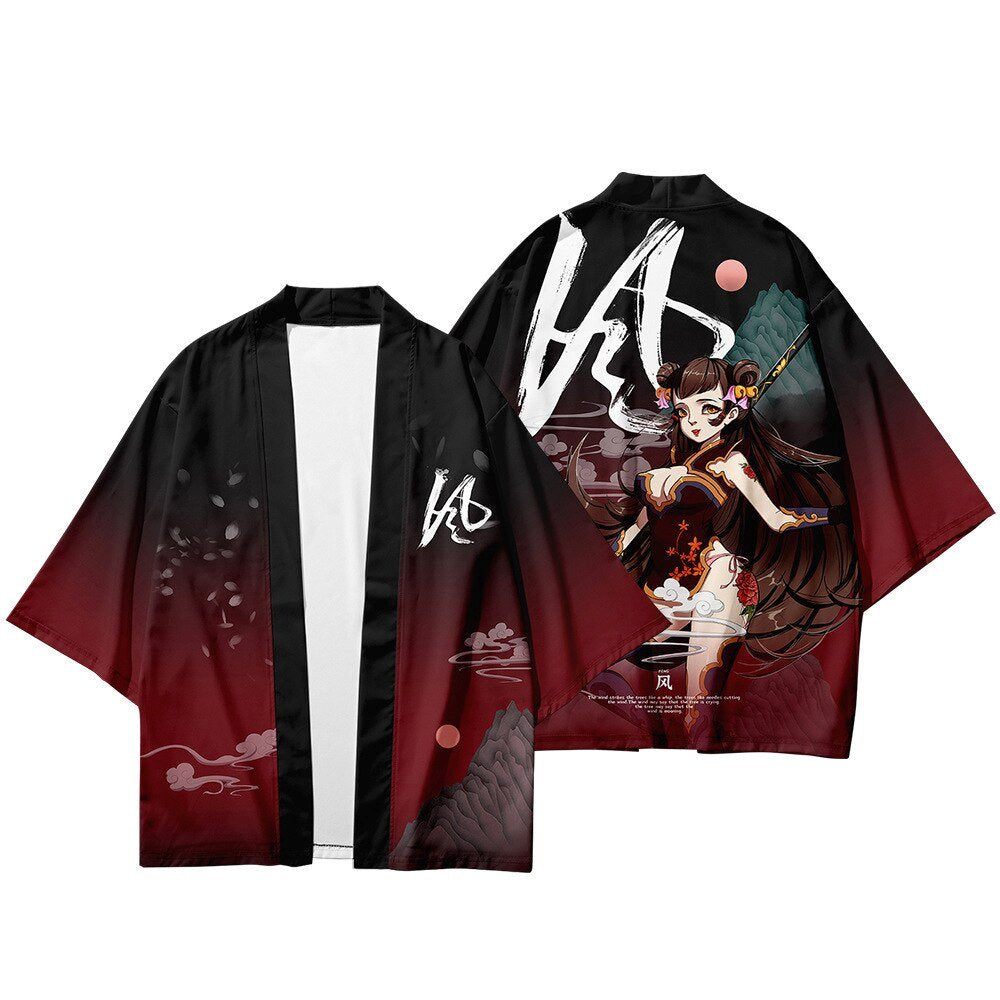 Black Japanese Female Fighter Mens Two-Piece Kimono Yukata Top & Pants Sets - Kawaiies - Adorable - Cute - Plushies - Plush - Kawaii