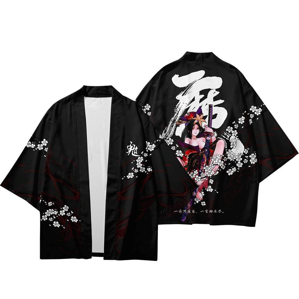 Black Japanese Female Fighter Mens Two-Piece Kimono Yukata Top & Pants Sets - Kawaiies - Adorable - Cute - Plushies - Plush - Kawaii