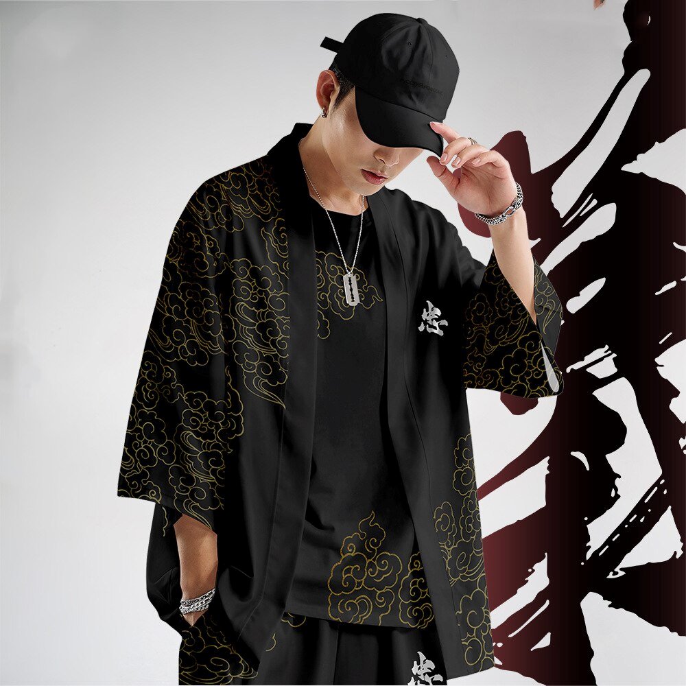 Japanese Clothing Mens Black Silk Kimono Jacket, Black, 5XL