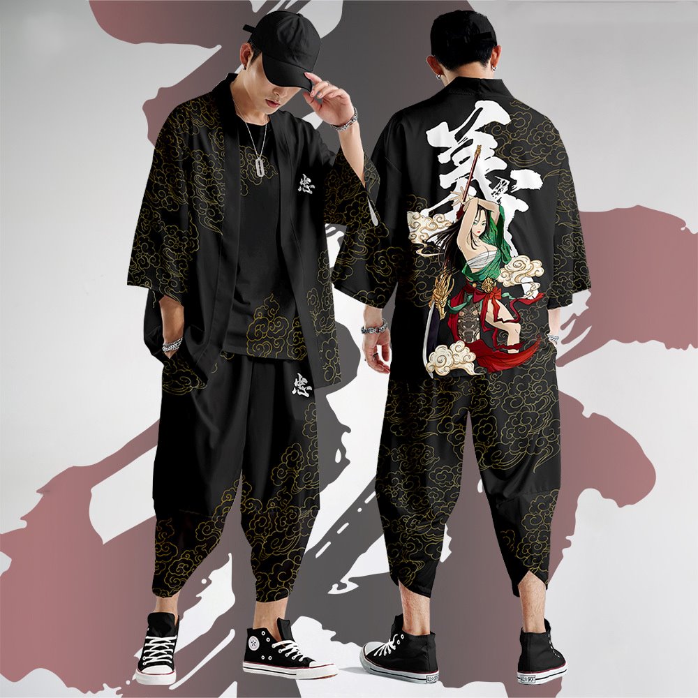 Black Japanese Female Fighter Mens Two-Piece Kimono Yukata Top & Pants Sets - Kawaiies - Adorable - Cute - Plushies - Plush - Kawaii