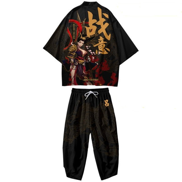 Black Japanese Female Fighter Mens Two-Piece Kimono Yukata Top & Pants Sets - Kawaiies - Adorable - Cute - Plushies - Plush - Kawaii