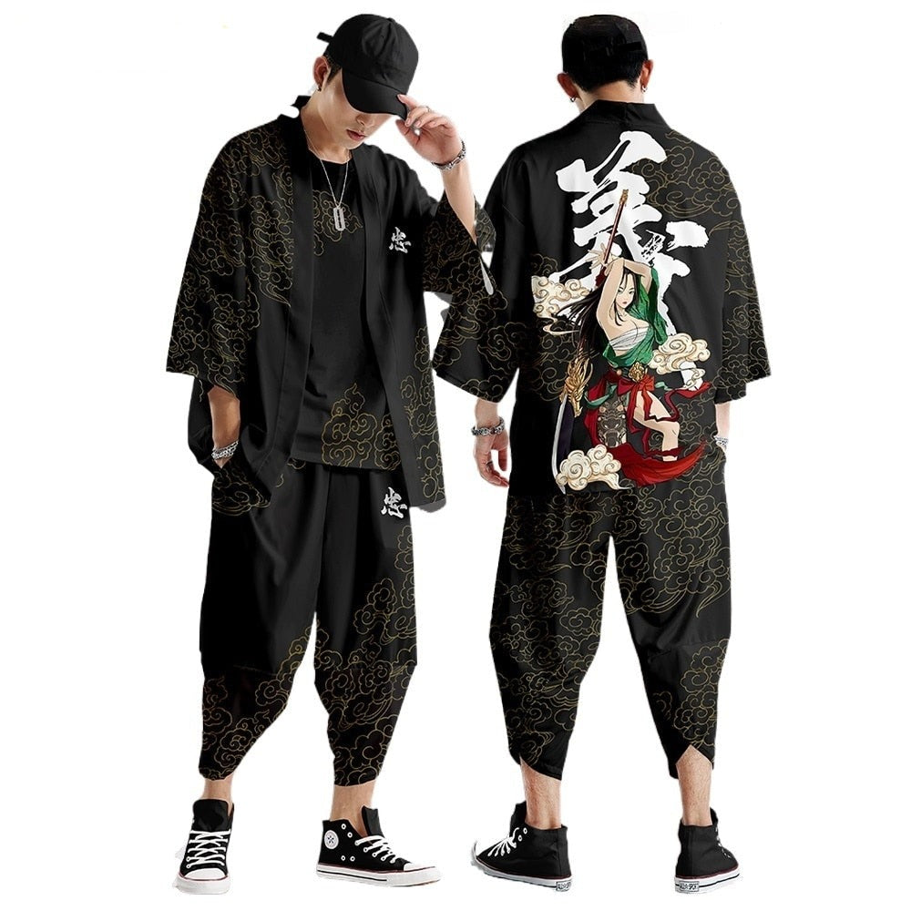 Black Japanese Female Fighter Mens Two-Piece Kimono Yukata Top & Pants Sets - Kawaiies - Adorable - Cute - Plushies - Plush - Kawaii