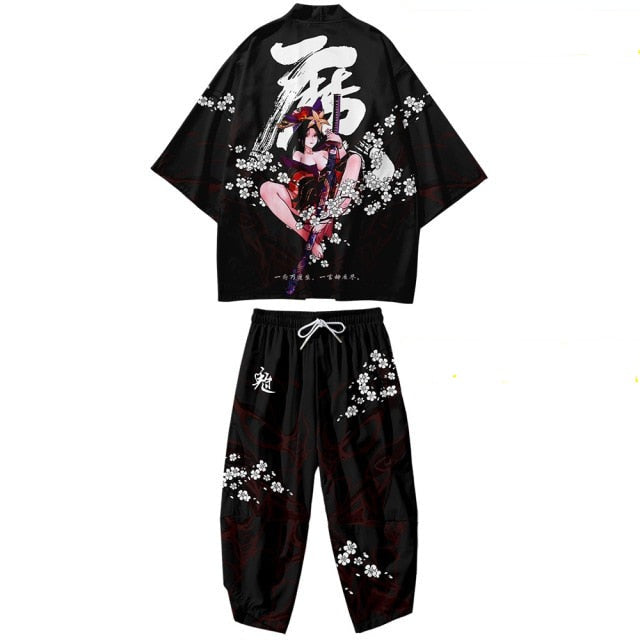 Black Japanese Female Fighter Mens Two-Piece Kimono Yukata Top & Pants Sets - Kawaiies - Adorable - Cute - Plushies - Plush - Kawaii