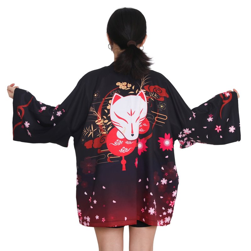 Black Red Japanese Fox Mask Half-sleeve Cardigan Womens Kimonos - Kawaiies - Adorable - Cute - Plushies - Plush - Kawaii