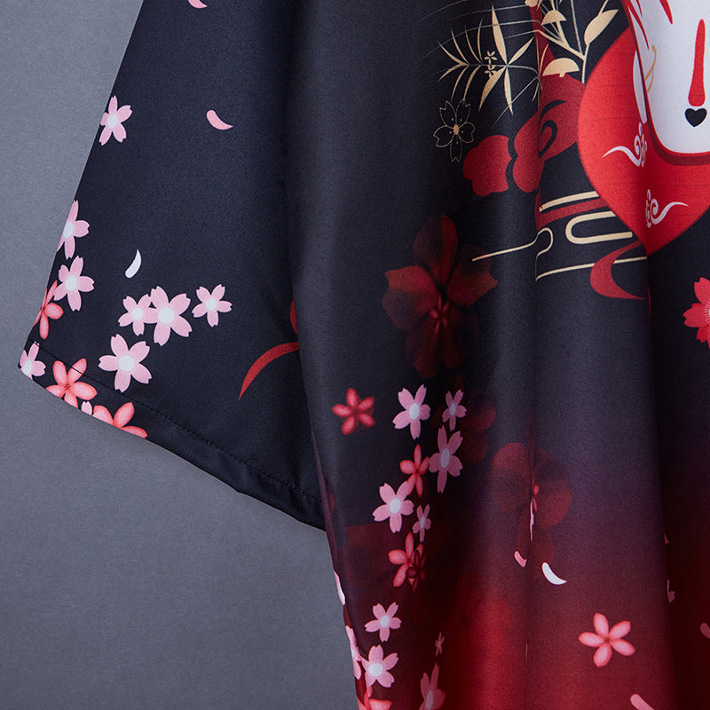 Black Red Japanese Fox Mask Half-sleeve Cardigan Womens Kimonos - Kawaiies - Adorable - Cute - Plushies - Plush - Kawaii