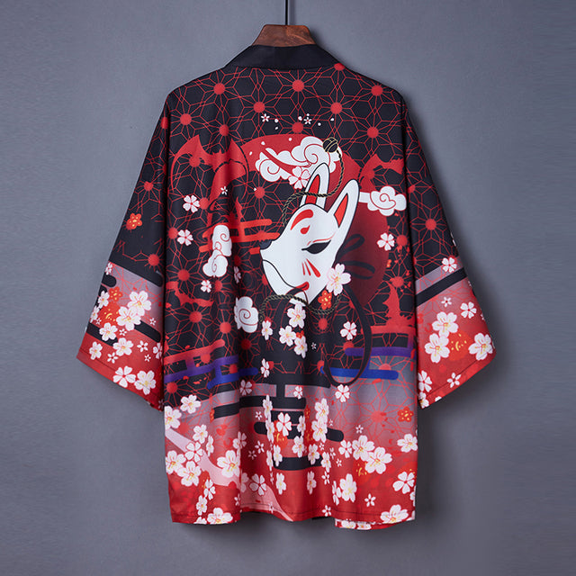 Black Red Japanese Fox Mask Half-sleeve Cardigan Womens Kimonos - Kawaiies - Adorable - Cute - Plushies - Plush - Kawaii