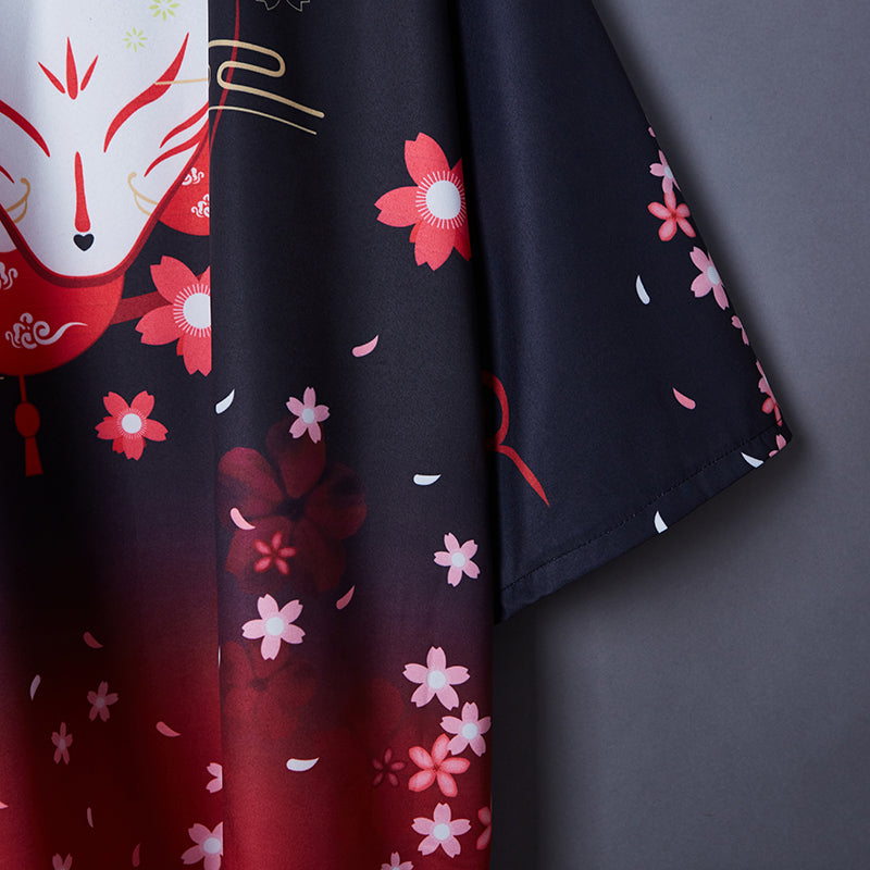 Black Red Japanese Fox Mask Half-sleeve Cardigan Womens Kimonos - Kawaiies - Adorable - Cute - Plushies - Plush - Kawaii