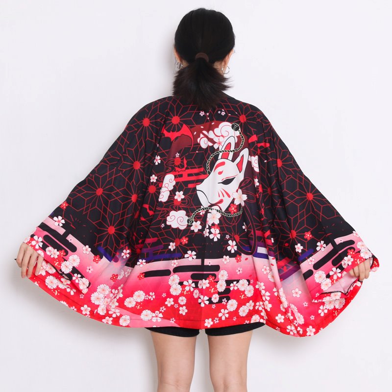 Black Red Japanese Fox Mask Half-sleeve Cardigan Womens Kimonos - Kawaiies - Adorable - Cute - Plushies - Plush - Kawaii