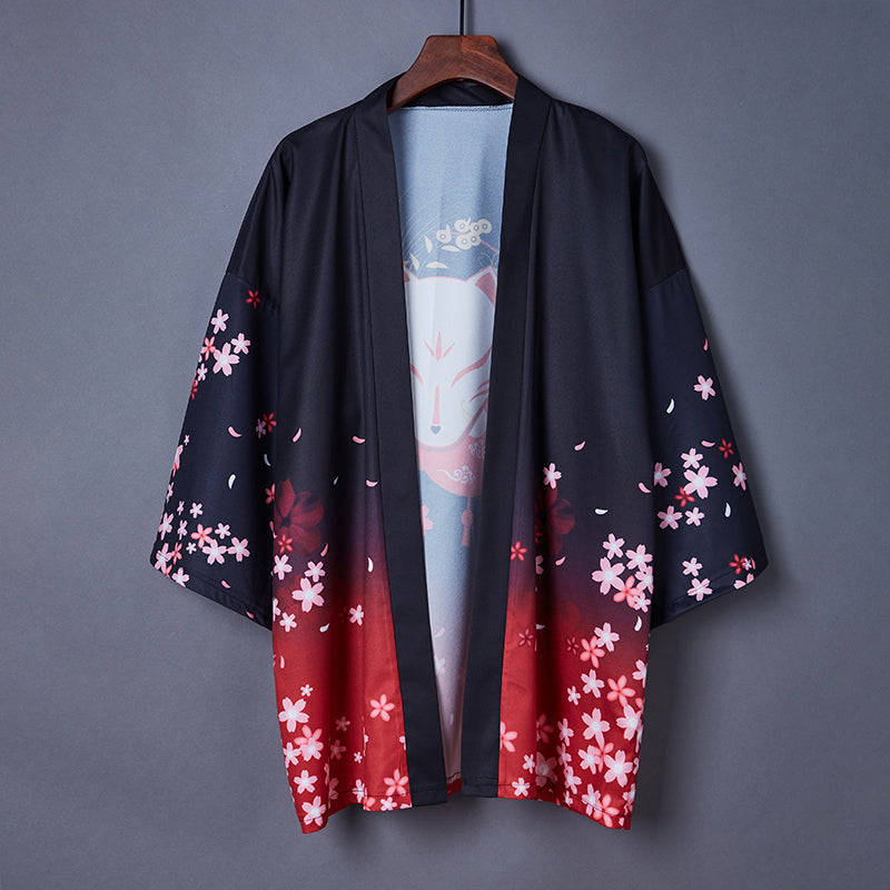 Black Red Japanese Fox Mask Half-sleeve Cardigan Womens Kimonos - Kawaiies - Adorable - Cute - Plushies - Plush - Kawaii