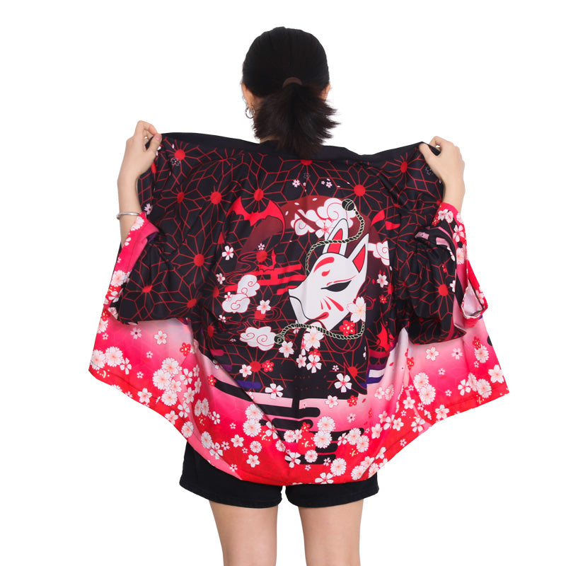 Black Red Japanese Fox Mask Half-sleeve Cardigan Womens Kimonos - Kawaiies - Adorable - Cute - Plushies - Plush - Kawaii