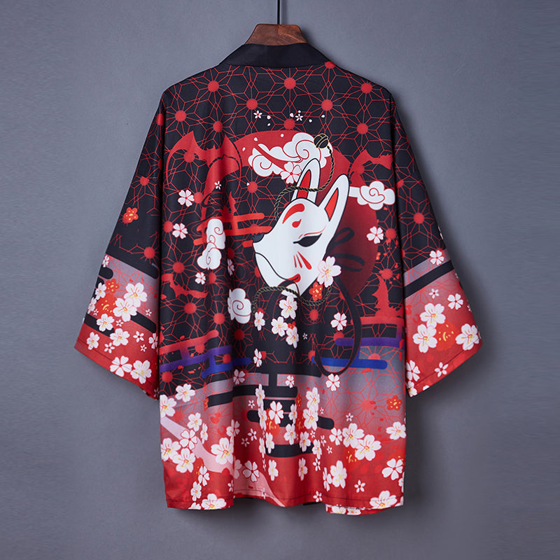 Black Red Japanese Fox Mask Half-sleeve Cardigan Womens Kimonos - Kawaiies - Adorable - Cute - Plushies - Plush - Kawaii