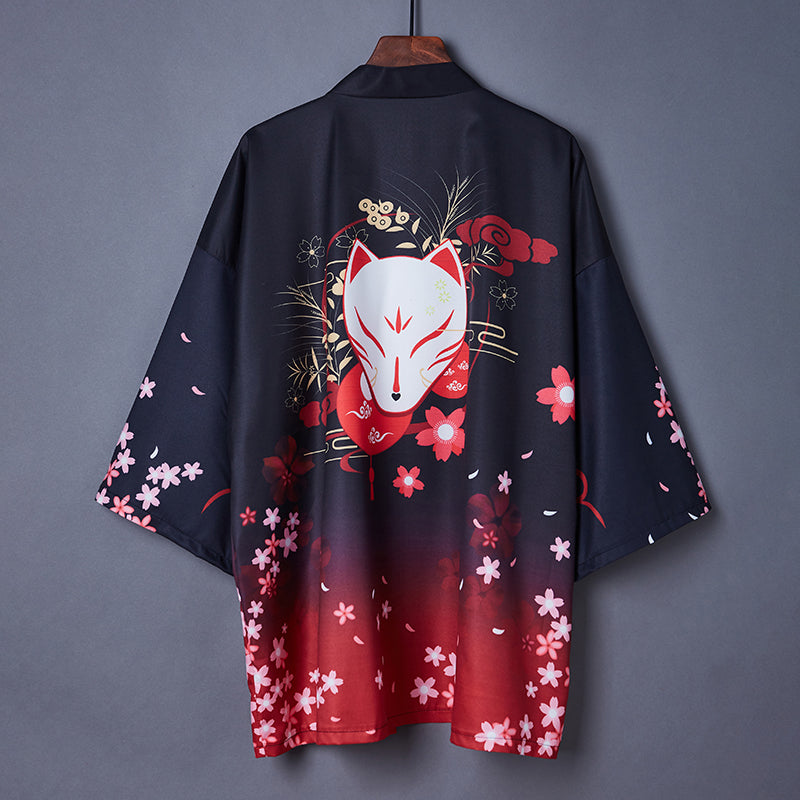 Black Red Japanese Fox Mask Half-sleeve Cardigan Womens Kimonos - Kawaiies - Adorable - Cute - Plushies - Plush - Kawaii