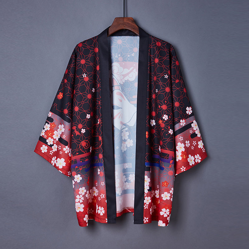 Black Red Japanese Fox Mask Half-sleeve Cardigan Womens Kimonos - Kawaiies - Adorable - Cute - Plushies - Plush - Kawaii